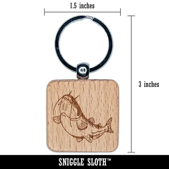 Fat Catfish with Whiskers and Stripes Engraved Wood Square Keychain Tag Charm {2}