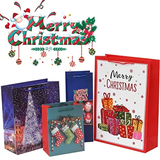 16 Pieces Christmas Bags Bulk Set Includes Assorted Sizes 3 Jumbo 5 Large 6 Medium 2 Wine Bags 16 Count Glitter Design with 12 Sheets Tissue Paper {3}