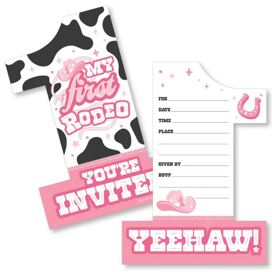 Big Dot of Happiness Pink First Rodeo - Shaped Fill-In Invitations - Cowgirl 1st Birthday Party Invitation Cards with Envelopes - Set of 12 {1}
