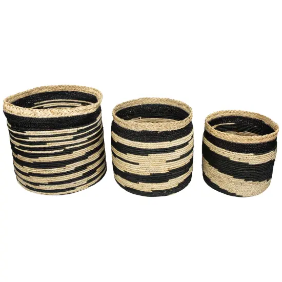 Northlight Set of 3 Black and Beige Zig Zag Sew Seagrass Storage Baskets 15.5" {1}