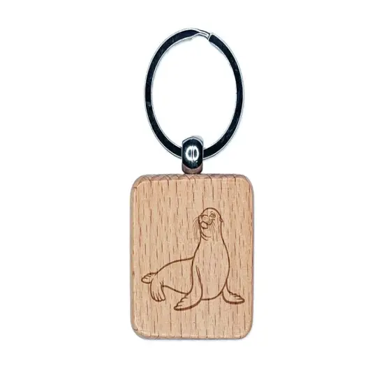 Smug Sea Lion Engraved Wood Square Keychain Tag Charm {1}