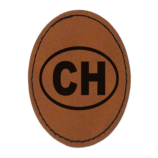 Switzerland CH Round Iron-On Engraved Faux Leather Patch Applique - 2.5" Brown {1}