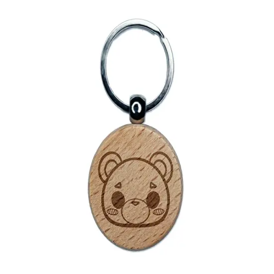 Charming Kawaii Chibi Bear Face Blushing Cheeks Engraved Wood Round Keychain Tag Charm {1}