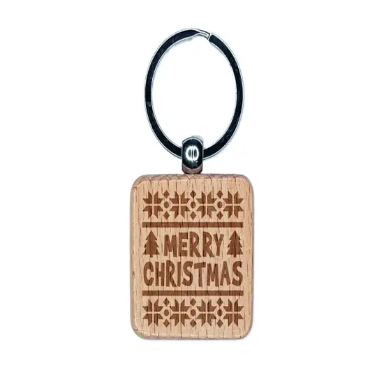 Merry Christmas Sweater Style Engraved Wood Square Keychain Tag Charm {1}