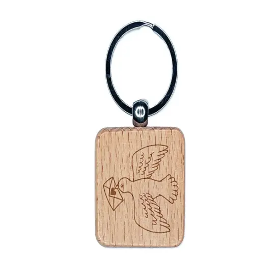 Messenger Bird Dove Pigeon Anniversary Valentine's Day Engraved Wood Square Keychain Tag Charm {1}