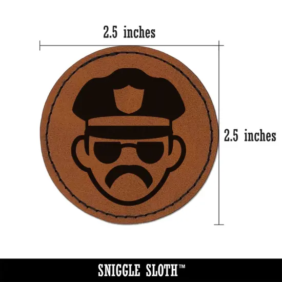 Occupation Police Officer Man Icon Round Iron-On Engraved Faux Leather Patch Applique - 2.5" Brown {3}