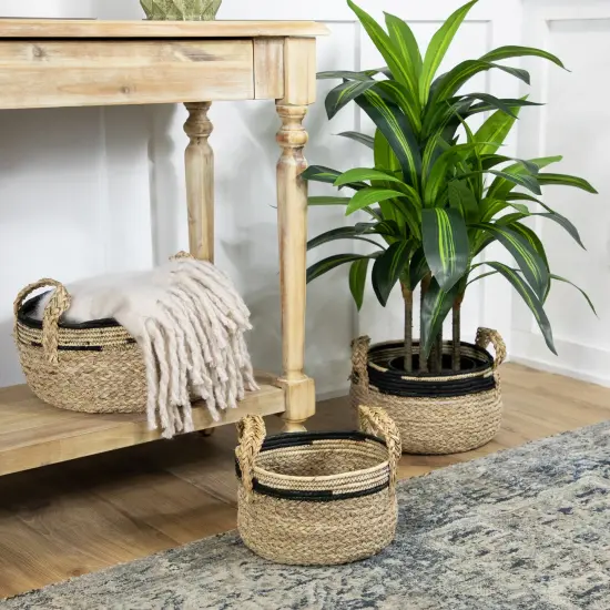 Northlight Set of 3 Khaki and Black Braid Weave Seagrass Storage Baskets with Handles 13.75" Brown {3}