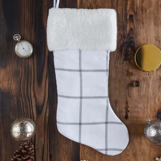 Farmhouse Windowpane Plaid Faux Fur Christmas Stocking White and Grey Plaid {3}