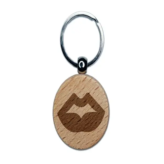 Luscious Plump Lips Engraved Wood Round Keychain Tag Charm {1}