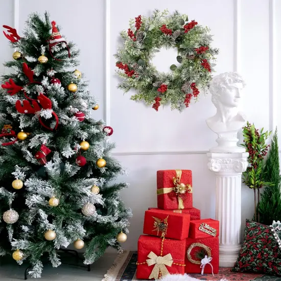 21-Inch Artificial Christmas Wreath Xmas Red Berry Wreath with Pine Accents {4}