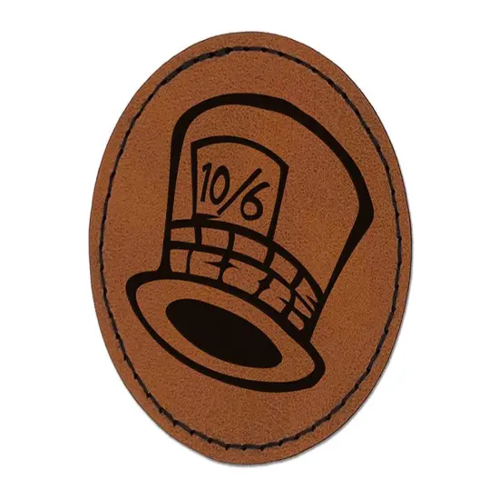 Mad Hatter Hat from Alice in Wonderland Round Iron-On Engraved Faux Leather Patch Applique - 2.5" Brown {1}