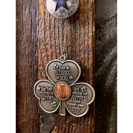 Shamrock Irish Penny House Blessing With Emerald Green Glass Stones {3}