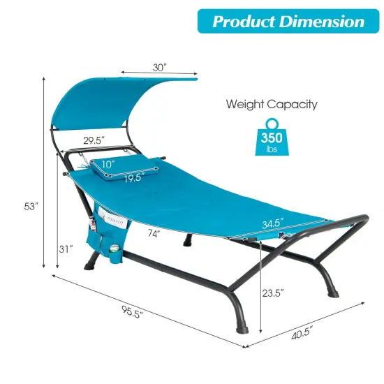Patio Hanging Chaise Lounge Chair with Canopy Cushion Pillow and Storage Bag Navy {4}