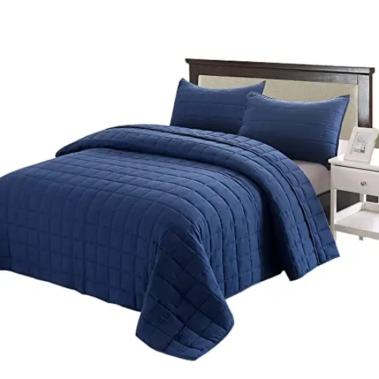 EMME Quilt Set Twin Size 2 Pieces (66x90 inches), Pre-Washed Microfiber Bedspread for All Season, Lightweight and Reversible Coverlet (Squares Pattern, Navy) {1}