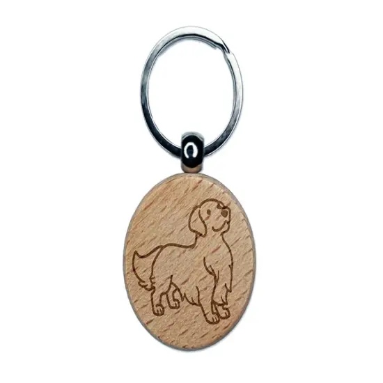 Golden Retriever Standing Dog Engraved Wood Round Keychain Tag Charm {1}