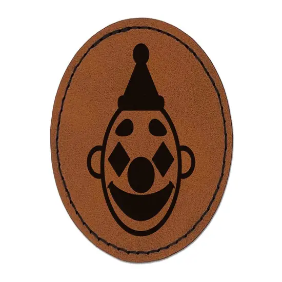 Classic Clown Head Circus Carnival Round Iron-On Engraved Faux Leather Patch Applique - 2.5" Brown {1}