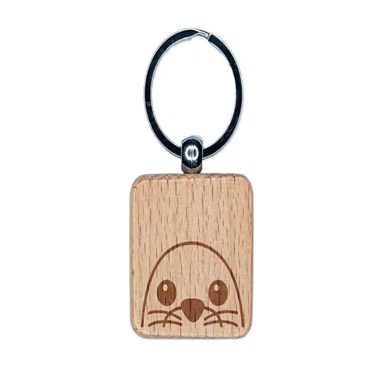 Peeking Seal Engraved Wood Square Keychain Tag Charm {1}