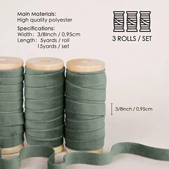 Dusty Green Velvet Ribbon Set 3/8"" x 15 Yards Wooden Spool Fabric Trim Eco-Friendly 3 Rolls * 5Yd for Christmas Wreath Decoration Handmade Craft Ornaments Gift Wrapping & Bow Making {1}