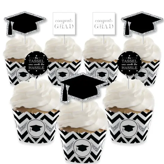 Big Dot of Happiness Tassel Worth The Hassle - Silver - Cupcake Wrappers and Treat Picks Kit - Set of 24 {1}