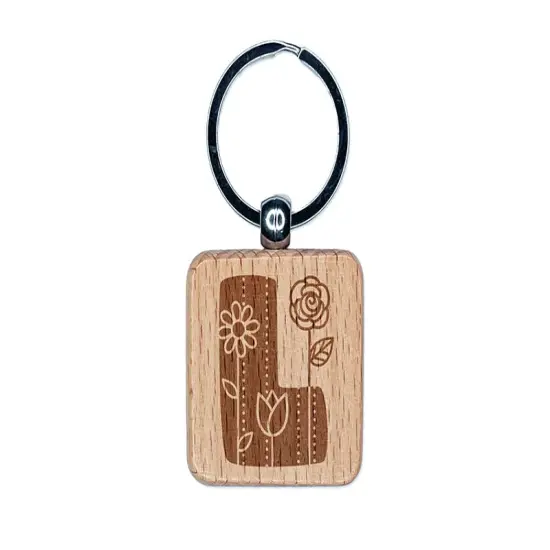 Sweet and Cute Flowers Rounded Block Letter L Engraved Wood Square Keychain Tag Charm {1}