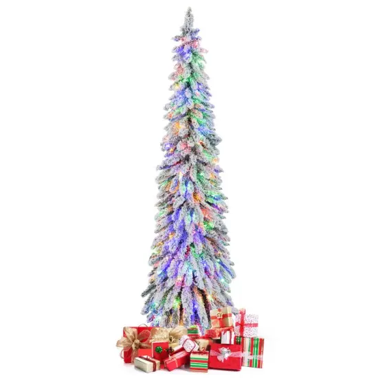 4/5/6 Feet Pre-Lit Artificial Christmas Tree Snow-Flocked Slim Pencil Xmas Decor {6}
