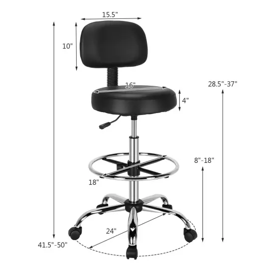 Swivel Drafting Chair with Retractable Mid Back and Adjustable Foot Ring-Black {4}