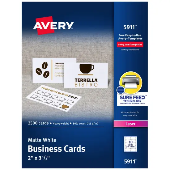 Avery Printable Business Cards with Sure Feed Technology, 2" x 3.5", White, 2,500 Blank Cards for Laser Printers (05911) {1}