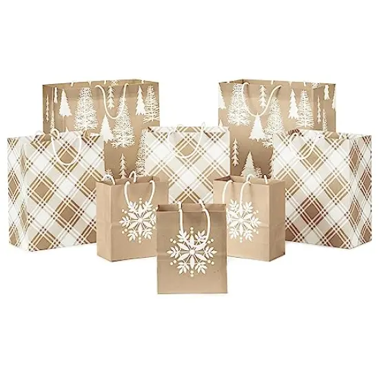 Hallmark Recyclable Holiday Gift Bags (8 Bags: 3 Small 6", 3 Medium 9", 2 Large 13") Kraft Brown with Snowflake, Plaid and Trees for Christmas, Hanukkah, Weddings, Birthdays, Brown Kraft, White Snowflake, Rustic Plaid, Trees, Assorted (0005XGB1417) {1}