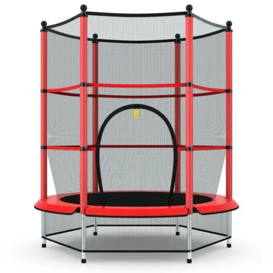 Youth Jumping Round Trampoline with Safety Pad Enclosure Red {3}