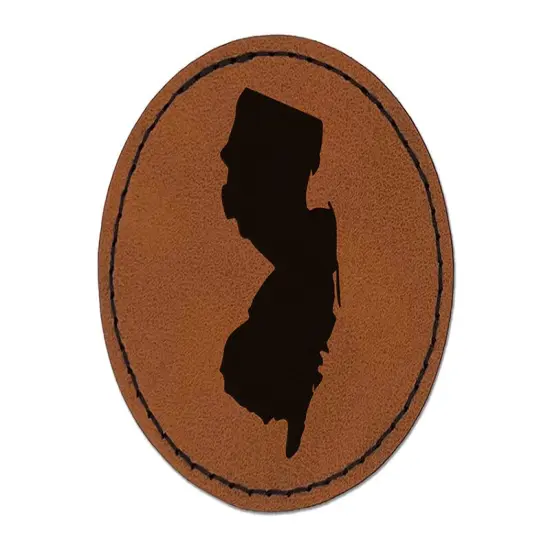 New Jersey State Silhouette Round Iron-On Engraved Faux Leather Patch Applique - 2.5" Brown {1}