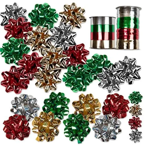 30 Christmas Self Adhesive Gift Bows and 8 Rolls of Christmas Curling Ribbons by Gift Boutique {1}