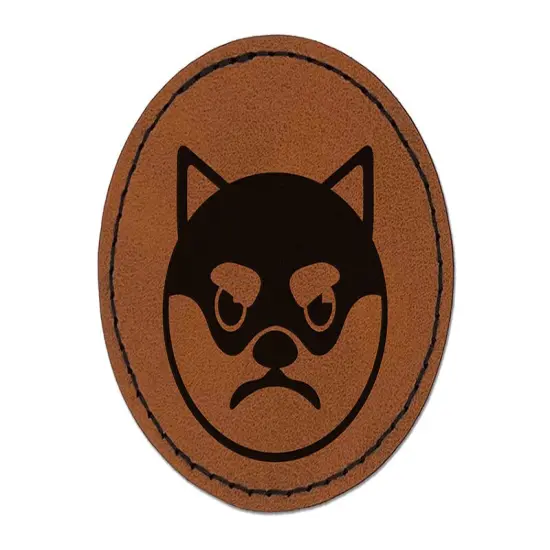 Husky Dog Face Mad Round Iron-On Engraved Faux Leather Patch Applique - 2.5" Brown {1}