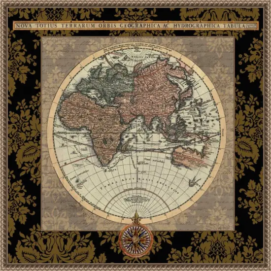 Damask on Black Map I by Elizabeth Medley 22-in. W x 22-in. H. Canvas Wall Art Print Framed in Bronze {1}