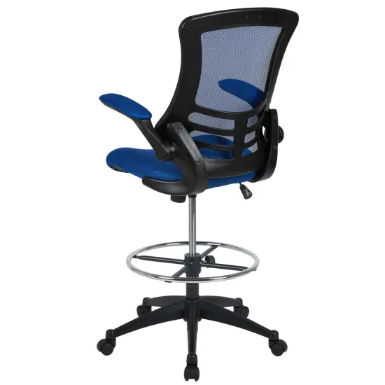 Emma and Oliver Mid-Back Mesh Ergonomic Drafting Chair with Foot Ring and Flip-Up Arms WhiteMesh/BlackFrame {10}