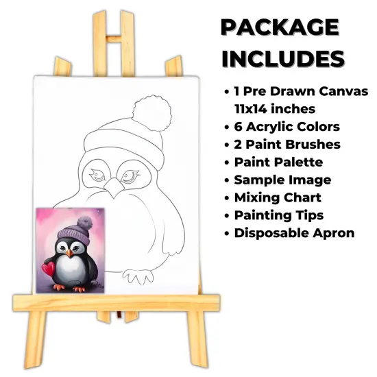 "Heart Penguin" DIY Canvas Art Kit, Adult Beginner, Acrylic Paint Size 11x14 inch {2}