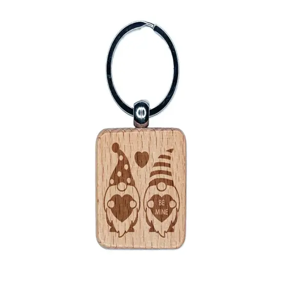 Pair of Valentine Gnomes Valentine's Day Engraved Wood Square Keychain Tag Charm {1}