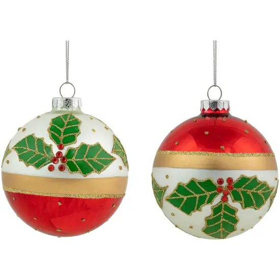 Northlight Holly and Berry Striped Christmas Glass Ball Ornaments - 4" - White and Red - Set of 2 {1}