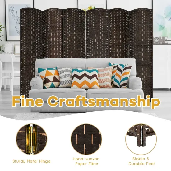 6.5Ft 6-Panel Weave Folding Fiber Room Divider Screen Brown {5}