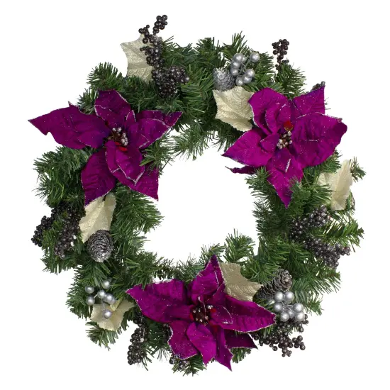 Northlight Poinsettia and Pine Cone Berries Artificial Christmas Wreath - 24" - Purple - Unlit {1}