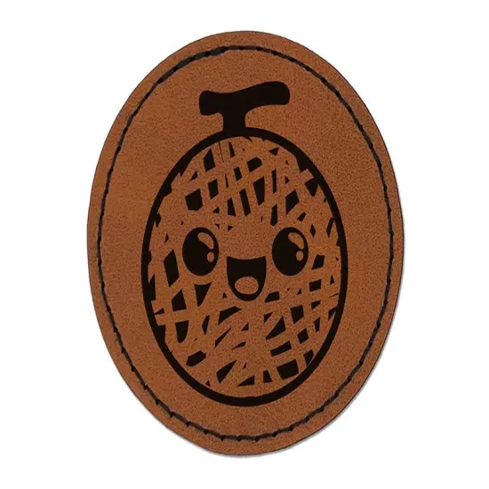 Happy Cute Honeydew Melon Round Iron-On Engraved Faux Leather Patch Applique - 2.5" Brown {1}