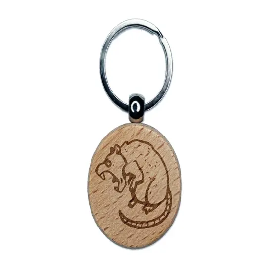Ferocious Rat Rodent Snarling Engraved Wood Round Keychain Tag Charm {1}