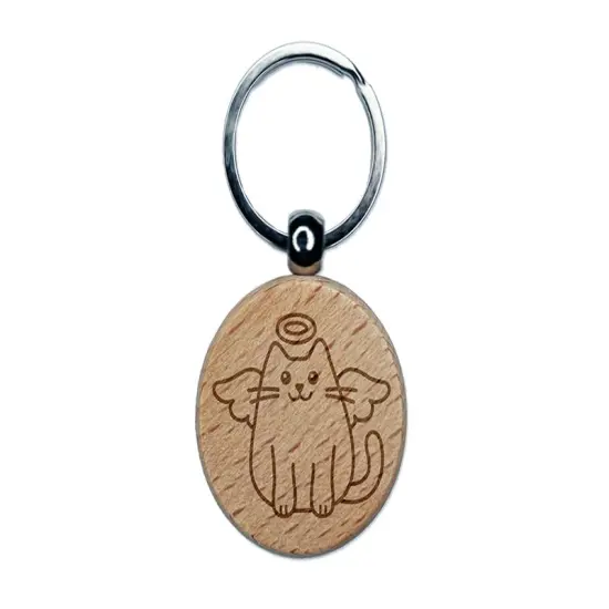 Cat Angel Engraved Wood Round Keychain Tag Charm {1}