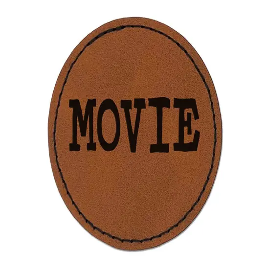 Movie Fun Text Round Iron-On Engraved Faux Leather Patch Applique - 2.5" Brown {1}