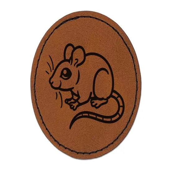 Mouse Rodent Round Iron-On Engraved Faux Leather Patch Applique - 2.5" Brown {1}