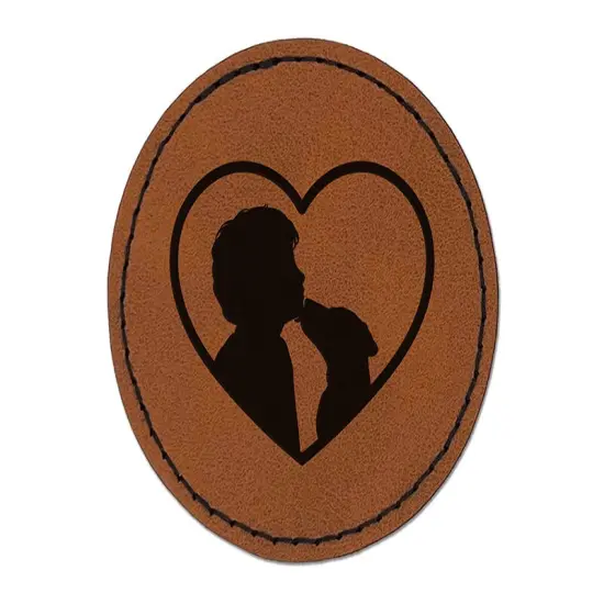 Dog Licking Boy's Face Heart Love Round Iron-On Engraved Faux Leather Patch Applique - 2.5" Brown {1}