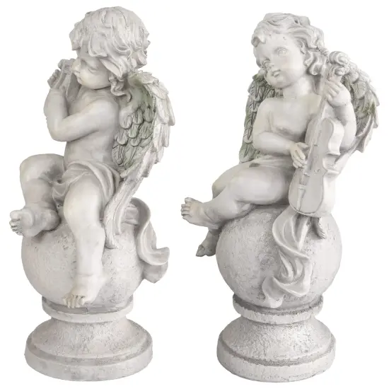 Northlight Set of 2 Cherub Angels with Violin and Harp on Finials Outdoor Garden Statues 15.25" Gray {5}