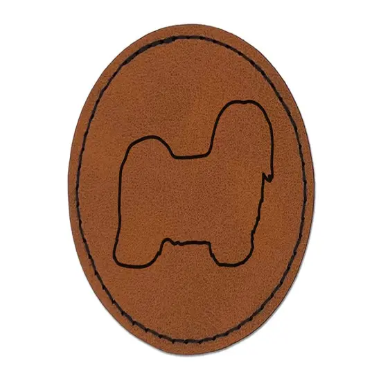 Havanese Dog Outline Round Iron-On Engraved Faux Leather Patch Applique - 2.5" Brown {1}
