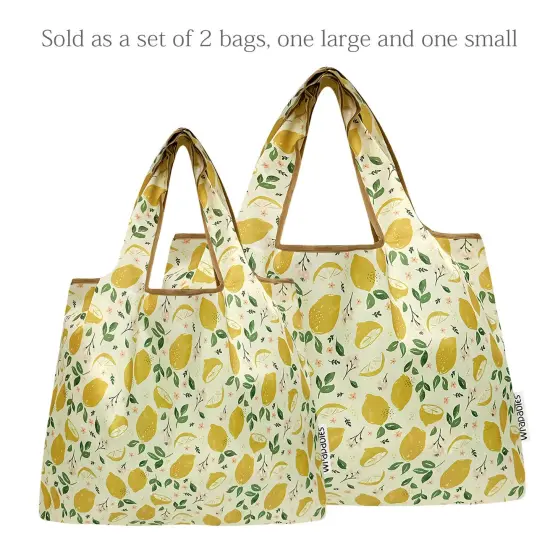 Wrapables Large & Small Foldable Tote Nylon Reusable Grocery Bags, Set of 2, Lemons {3}