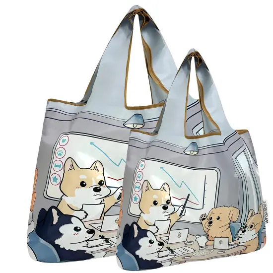 Wrapables Large & Small Foldable Tote Nylon Reusable Grocery Bags, Set of 2, Dogs Rule {1}