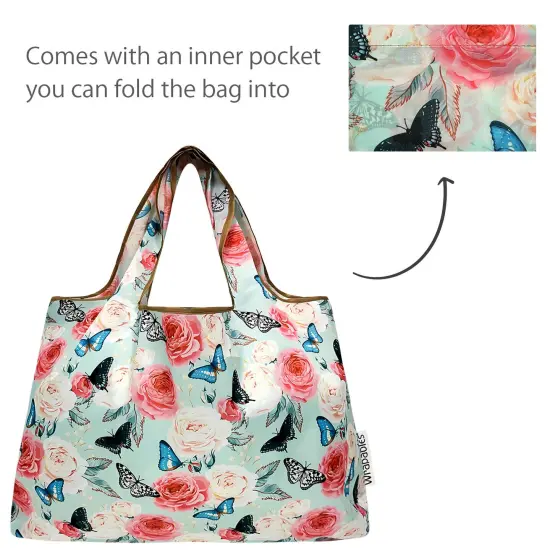Wrapables Large & Small Foldable Tote Nylon Reusable Grocery Bags, Set of 2, Rose and Butterfly {5}